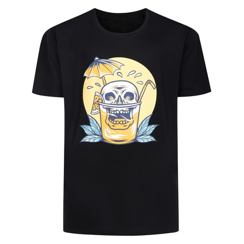 Black T-shirt shown flat with skull cocktail graphic on front.